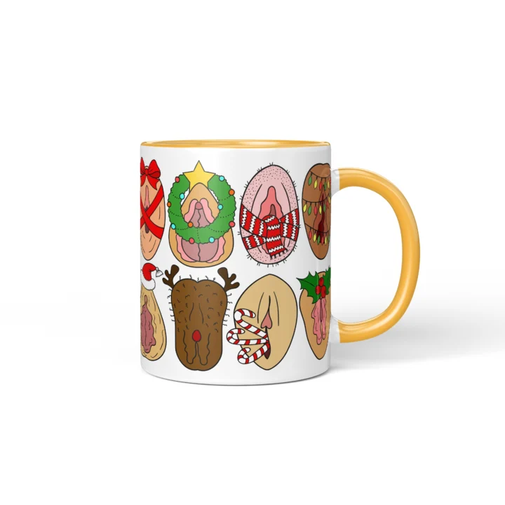 Christmas Icons Vagina Mug - Naughty Secret Santa Gift - Golden Yellow mug mockup