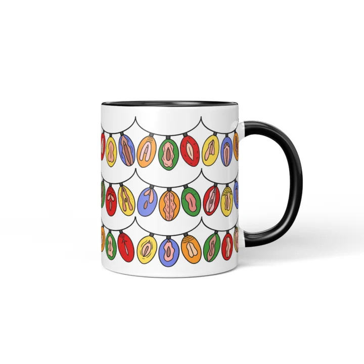 Christmas Light Garland Vulva Art Mug – Rude Holiday Gift - Black mug mockup