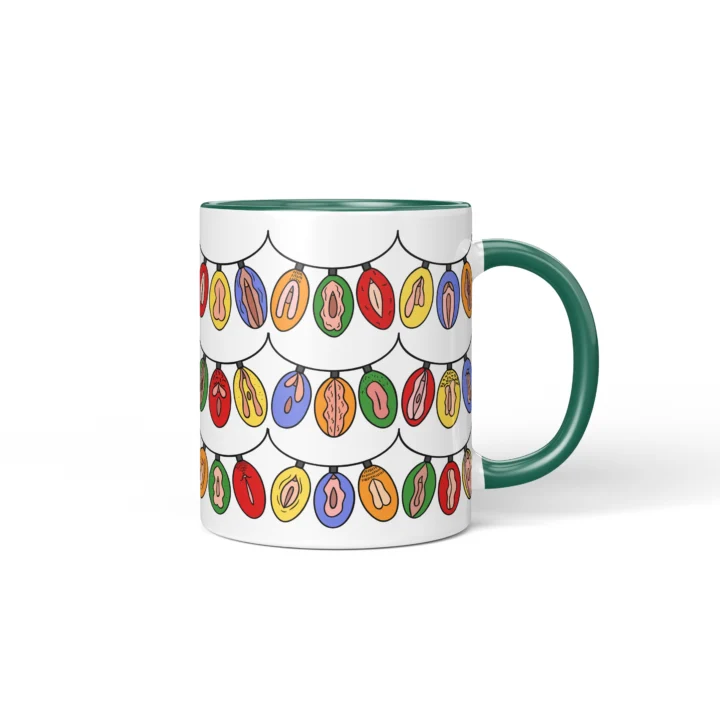 Christmas Light Garland Vulva Art Mug – Rude Holiday Gift - Dark Green mug mockup