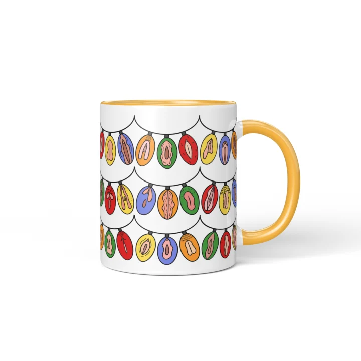 Christmas Light Garland Vulva Art Mug – Rude Holiday Gift - Golden Yellow mug mockup