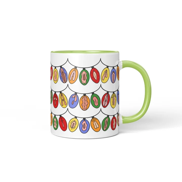 Christmas Light Garland Vulva Art Mug – Rude Holiday Gift - Green mug mockup