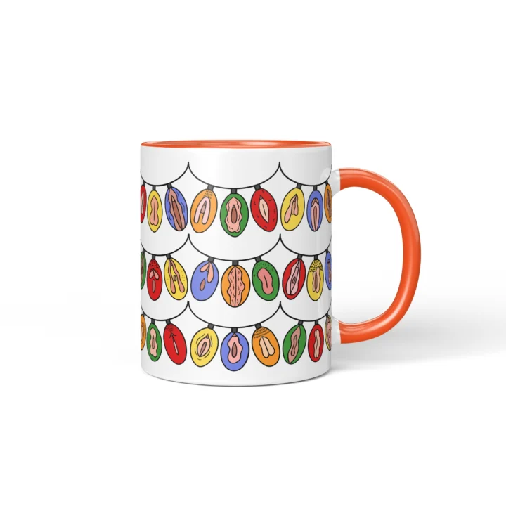 Christmas Light Garland Vulva Art Mug – Rude Holiday Gift - Orange mug mockup