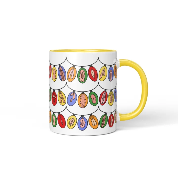 Christmas Light Garland Vulva Art Mug – Rude Holiday Gift - Yellow mug mockup