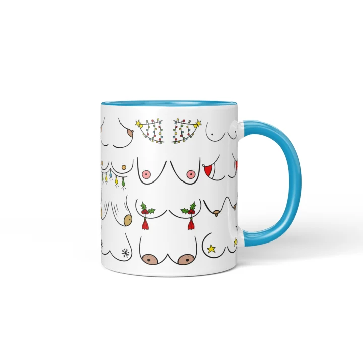Christmas Lights Boobs Mug - Rude Holiday Humor Gift - Blue mug mockup