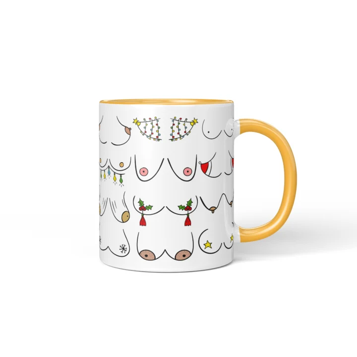 Christmas Lights Boobs Mug - Rude Holiday Humor Gift - Golden Yellow mug mockup
