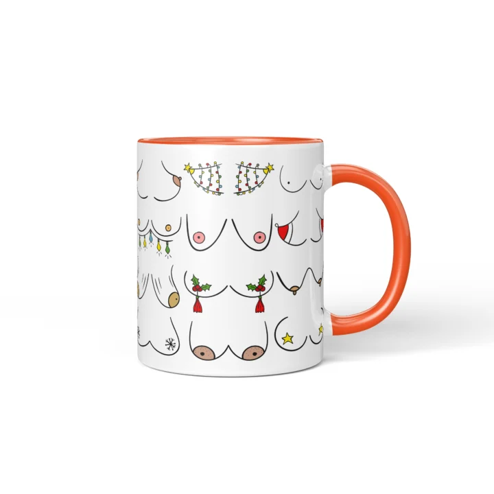 Christmas Lights Boobs Mug - Rude Holiday Humor Gift - Orange mug mockup