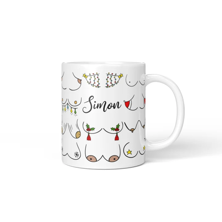 Christmas Lights Boobs Mug - Rude Holiday Humor Gift - Personalized 11 oz White mug mockup