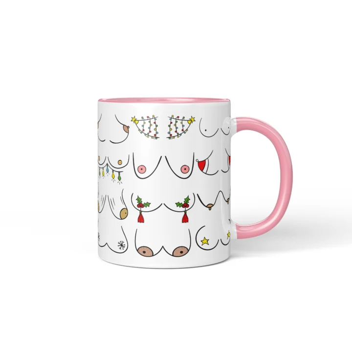 Christmas Lights Boobs Mug - Rude Holiday Humor Gift - Pink mug mockup