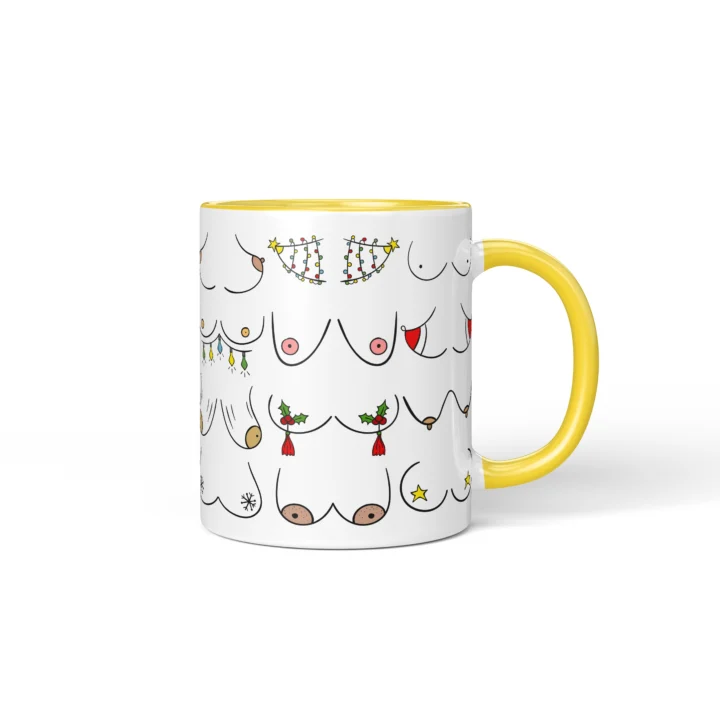 Christmas Lights Boobs Mug - Rude Holiday Humor Gift - Yellow mug mockup