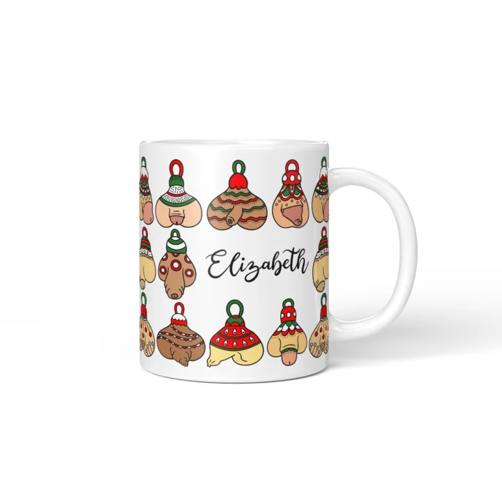 Christmas Ornament Penis Mug - Naughty Holiday Gift - Personalized 11 oz White mug mockup