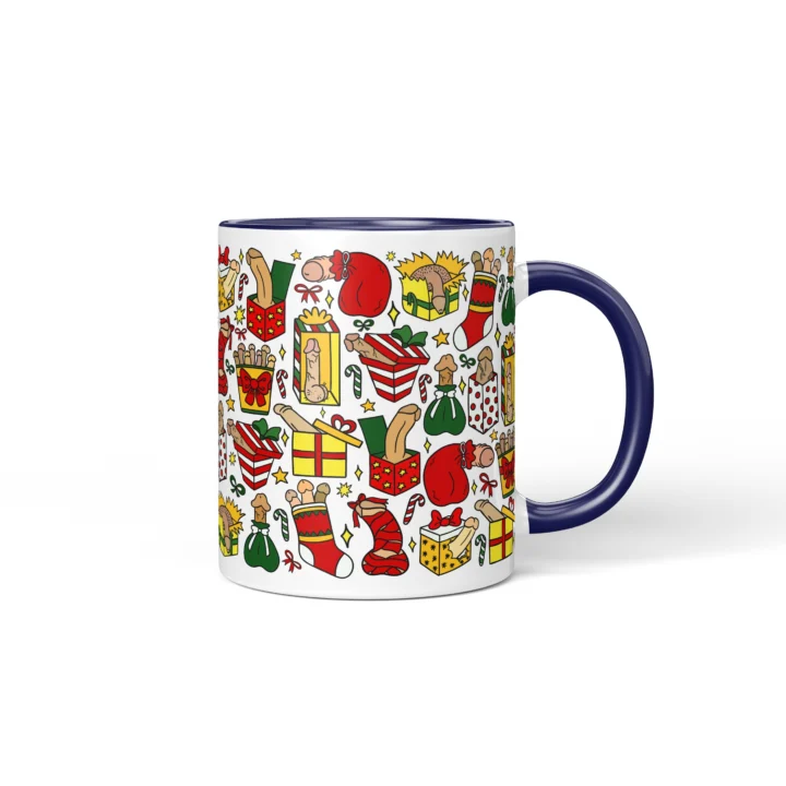Christmas Present Penis Mug - Rude Secret Santa Gift - Dark Blue mug mockup