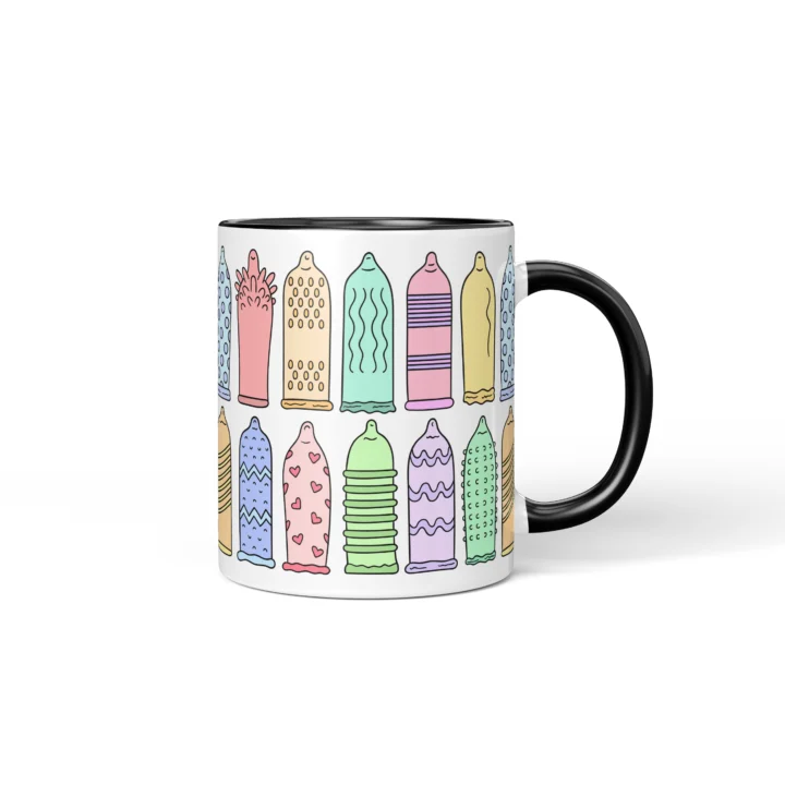 Condom Pattern Penis Mug - Rude Safe Sex Gift - Black mug mockup