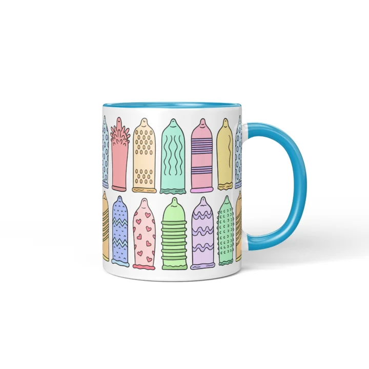 Condom Pattern Penis Mug - Rude Safe Sex Gift - Blue mug mockup