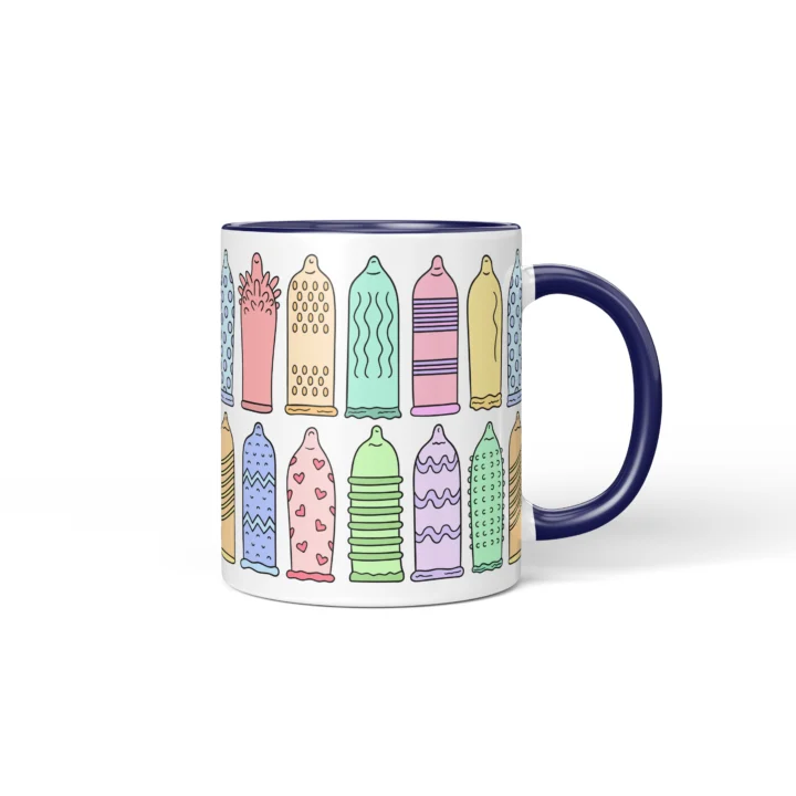 Condom Pattern Penis Mug - Rude Safe Sex Gift - Dark Blue mug mockup