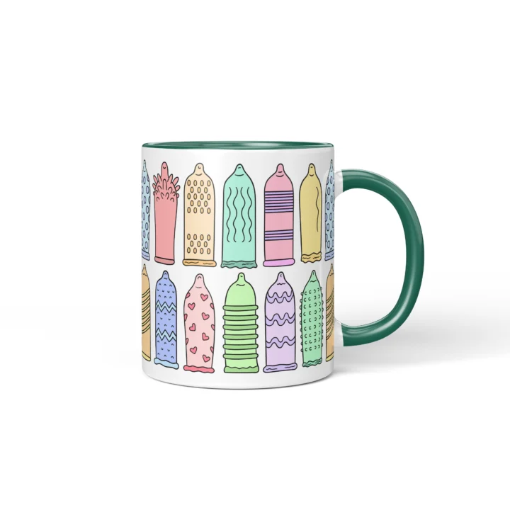 Condom Pattern Penis Mug - Rude Safe Sex Gift - Dark Green mug mockup