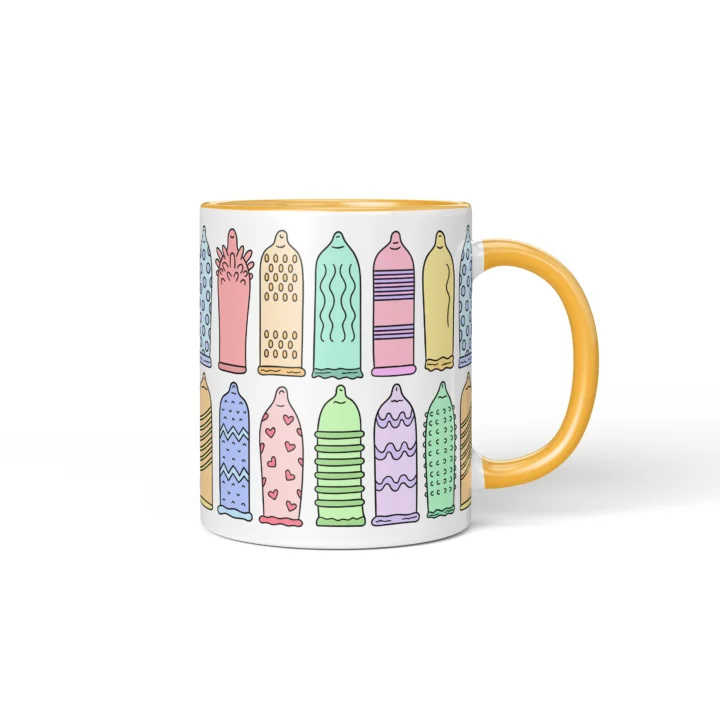 Condom Pattern Penis Mug - Rude Safe Sex Gift - Golden Yellow mug mockup