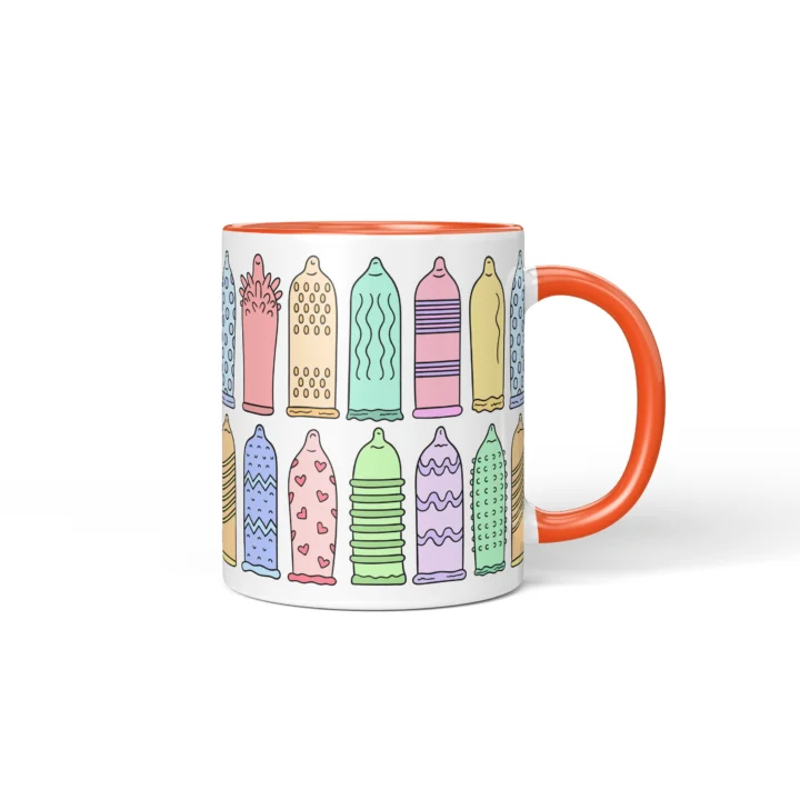 Condom Pattern Penis Mug - Rude Safe Sex Gift - Orange mug mockup