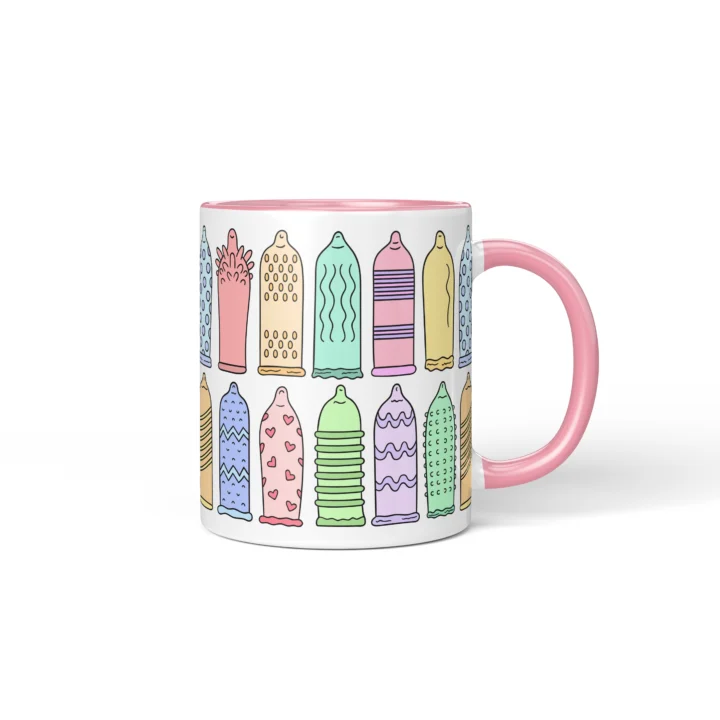 Condom Pattern Penis Mug - Rude Safe Sex Gift - Pink mug mockup