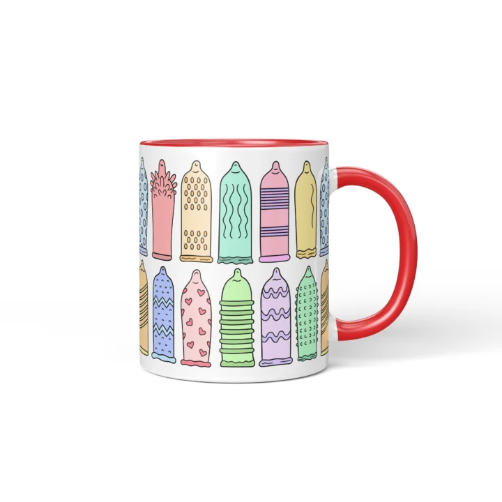 Condom Pattern Penis Mug - Rude Safe Sex Gift - Red mug mockup