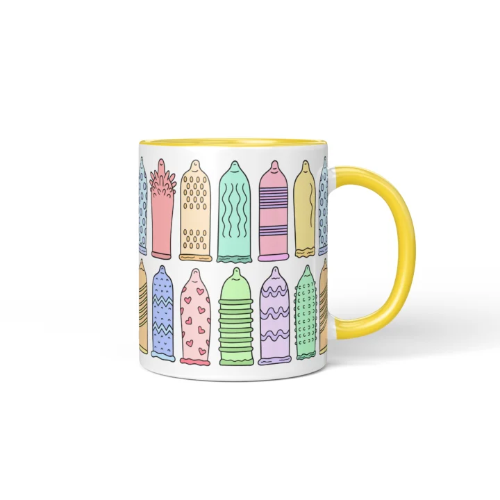 Condom Pattern Penis Mug - Rude Safe Sex Gift - Yellow mug mockup