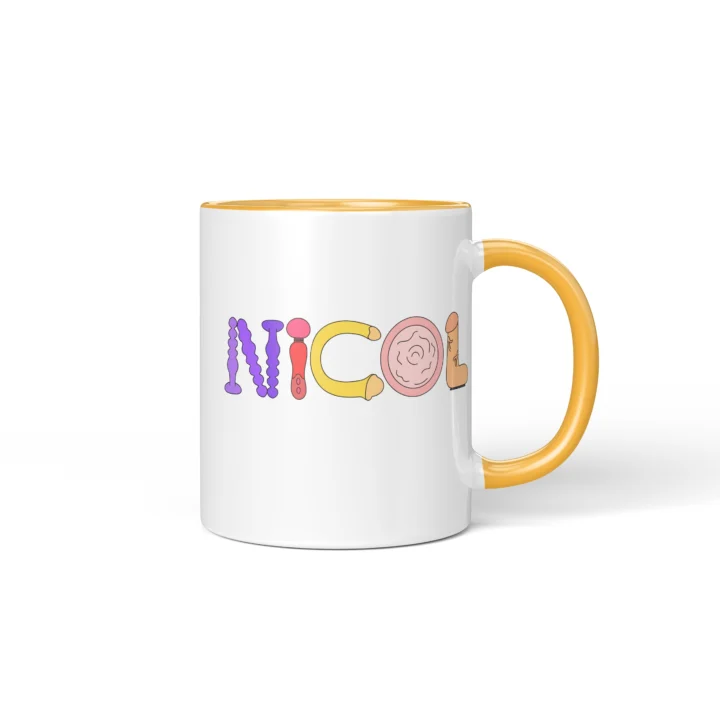 Custom Name Adult Humor Mug - Personalized Naughty Letter Gift - Golden Yellow mug mockup
