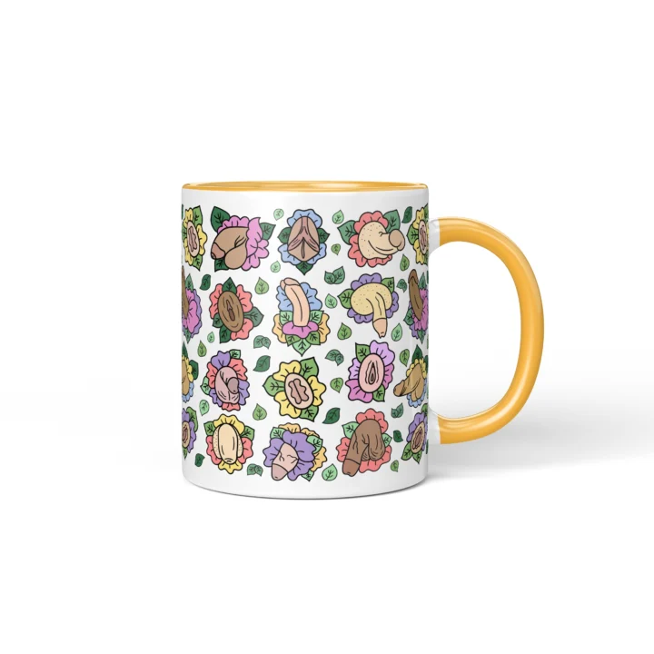 Floral Adult Humor Mug - Body Positive Anatomy Art Gift - Golden Yellow mug mockup