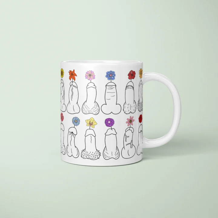 Floral dick pattern printed on a personalized Pickle Bits penis mug by Pardon My Bits.