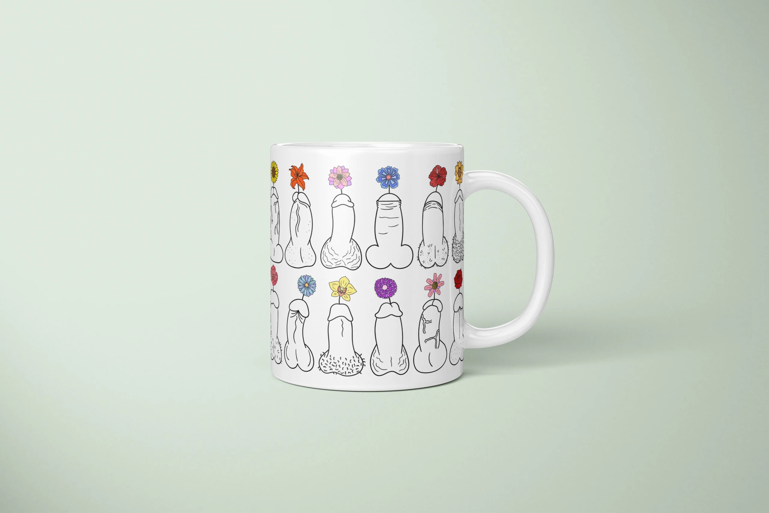 Floral dick pattern printed on a personalized Pickle Bits penis mug by Pardon My Bits.