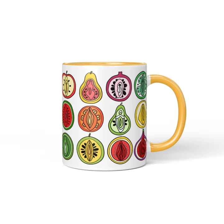 Fruit Salad Vagina Mug - Cheeky Foodie Gift - Golden Yellow mug mockup