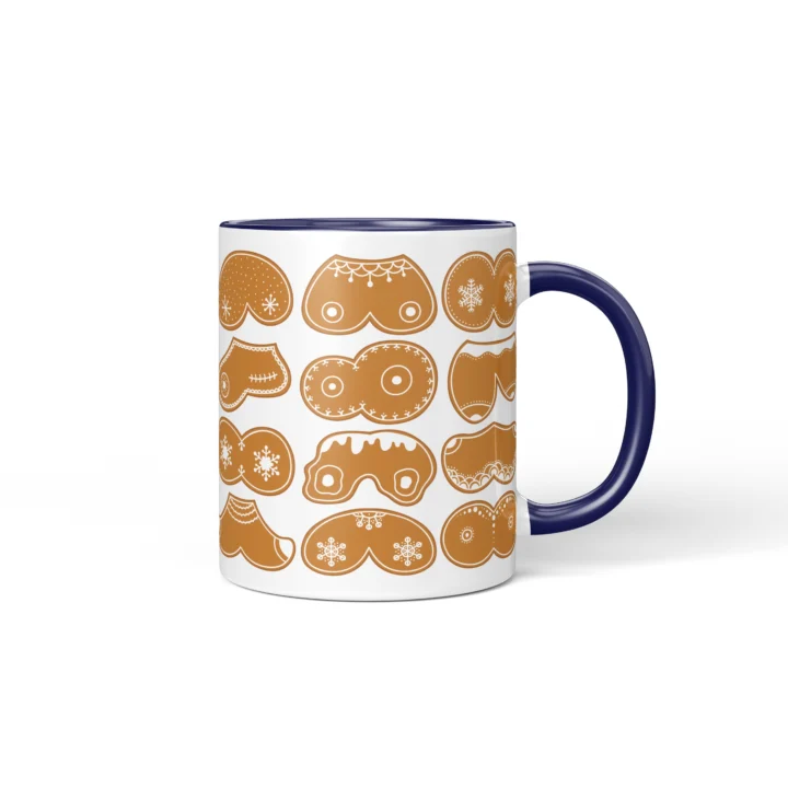 Gingerbread Boobs Mug - Rude Christmas Cookie Gift - Dark Blue mug mockup