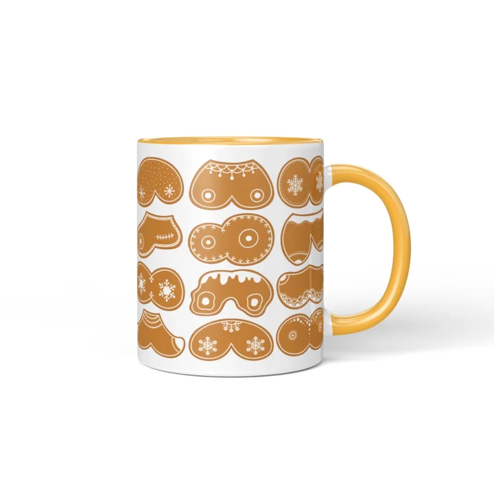 Gingerbread Boobs Mug - Rude Christmas Cookie Gift - Golden Yellow mug mockup