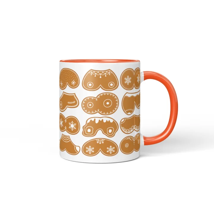 Gingerbread Boobs Mug - Rude Christmas Cookie Gift - Orange mug mockup