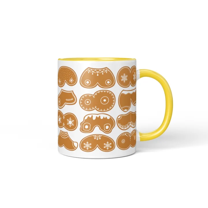 Gingerbread Boobs Mug - Rude Christmas Cookie Gift - Yellow mug mockup