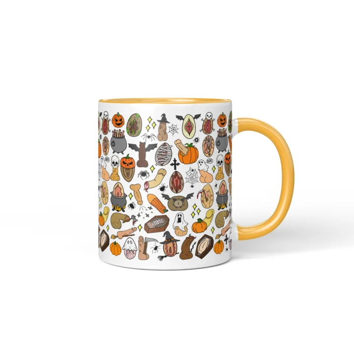 Halloween Adult Humor Mug - Spooky Anatomy Art Gag Gift - Golden Yellow mug mockup