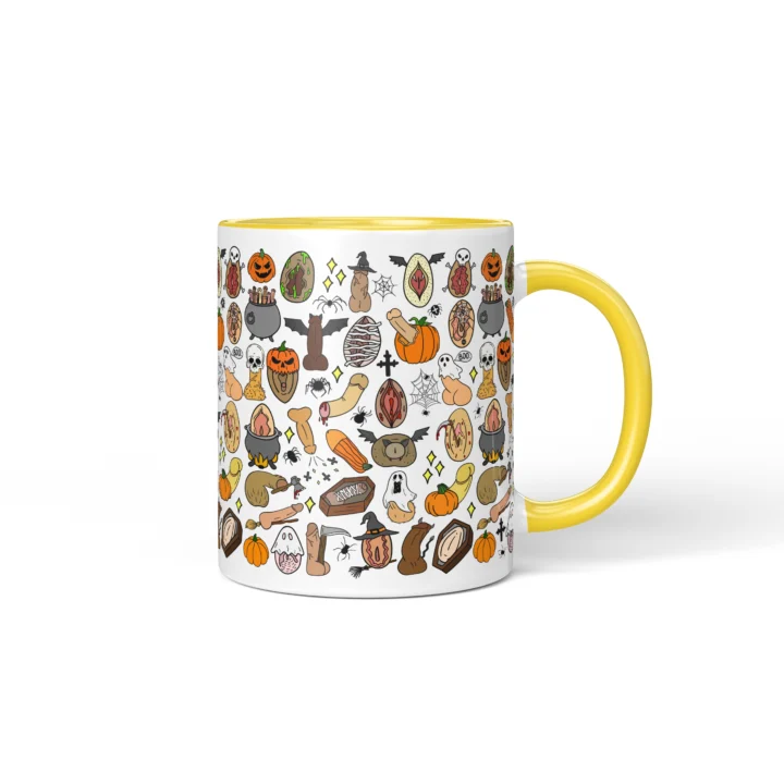 Halloween Adult Humor Mug - Spooky Anatomy Art Gag Gift - Yellow mug mockup
