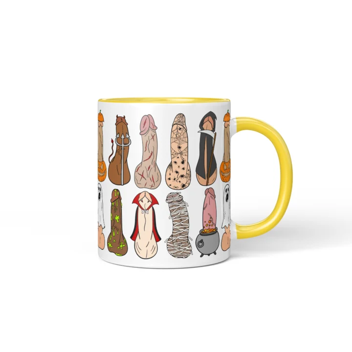 Halloween Costume Penis Mug - Spooky Adult Humor Gift - Yellow mug mockup