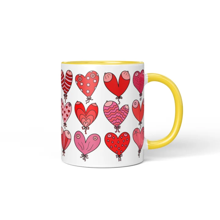 Heart Balloon Boobs Mug - Cheeky Valentine's Gift - Yellow mug mockup
