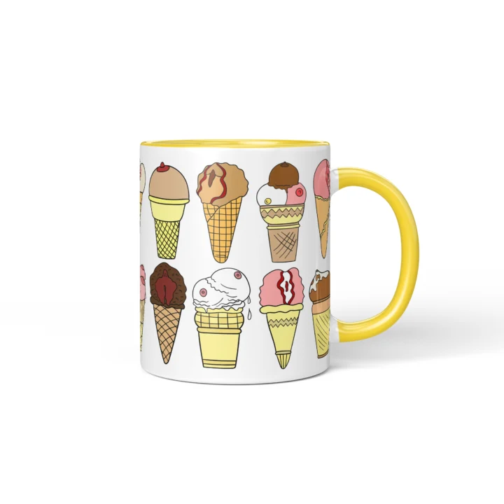 Ice Cream Boobs Mug - Funny Adult Dessert Gift - Yellow mug mockup