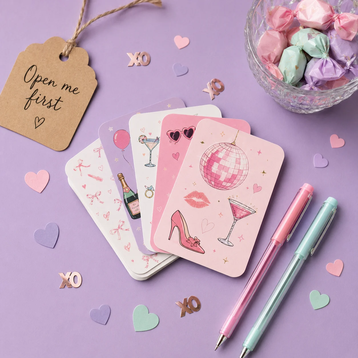 Printable bachelorette party game cards with pens and pastel party decorations