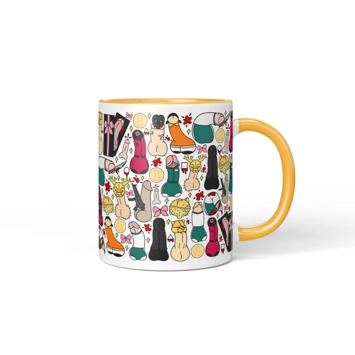 Masked Game Penis Mug - Dark Sci-Fi Parody Gift - Golden Yellow mug mockup