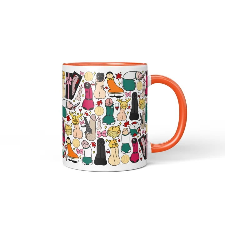 Masked Game Penis Mug - Dark Sci-Fi Parody Gift - Orange mug mockup