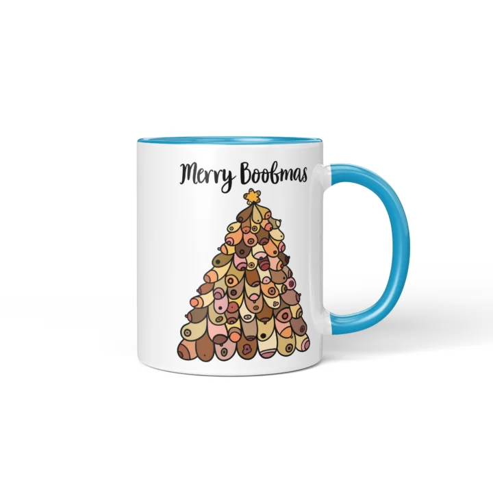 Merry Boobmas Boobs Mug - Christmas Tree Gift - Blue mug mockup