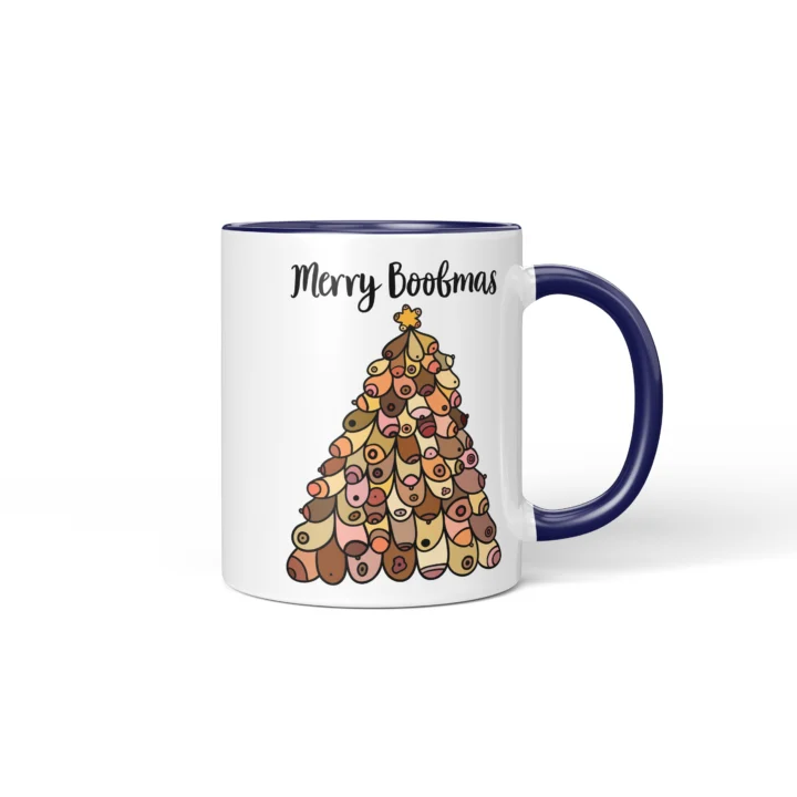 Merry Boobmas Boobs Mug - Christmas Tree Gift - Dark Blue mug mockup