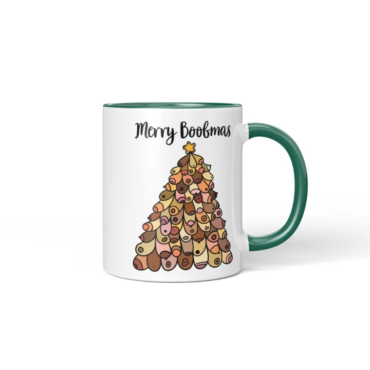 Merry Boobmas Boobs Mug - Christmas Tree Gift - Dark Green mug mockup