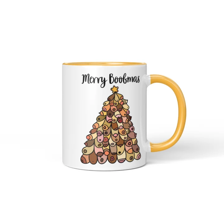 Merry Boobmas Boobs Mug - Christmas Tree Gift - Golden Yellow mug mockup