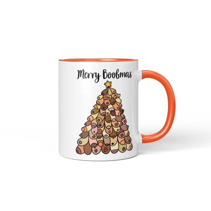 Merry Boobmas Boobs Mug - Christmas Tree Gift - Orange mug mockup