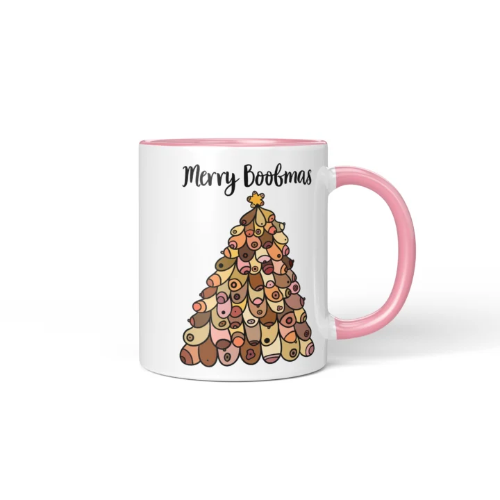 Merry Boobmas Boobs Mug - Christmas Tree Gift - Pink mug mockup