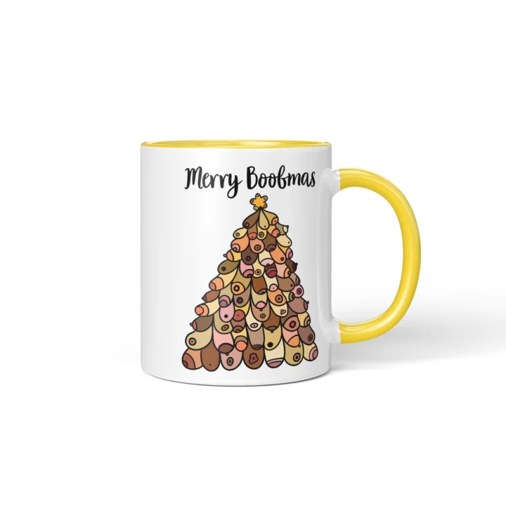 Merry Boobmas Boobs Mug - Christmas Tree Gift - Yellow mug mockup