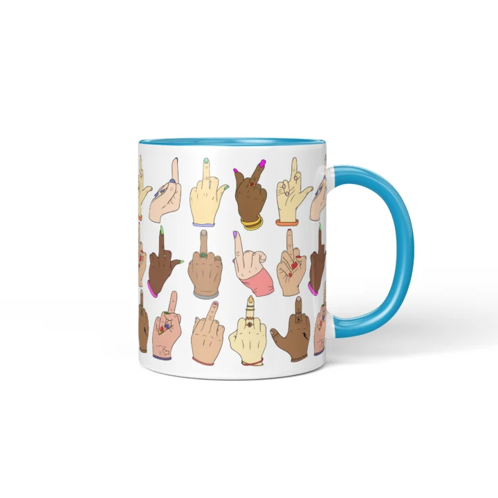 Middle Finger Pattern Mug - Rude Attitude Gift - Blue mug mockup