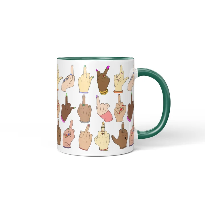 Middle Finger Pattern Mug - Rude Attitude Gift - Dark Green mug mockup